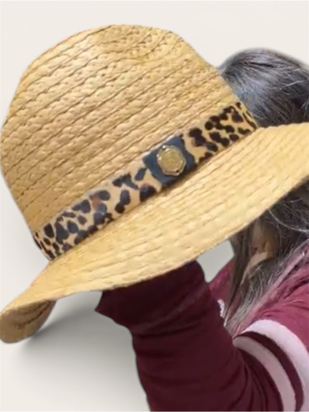 Vince Camuto Natural Straw Sun Hat with Leopard Band